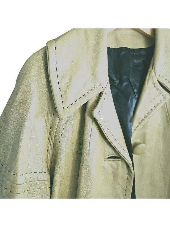 70s Light Yellow Green Leather Trench Coat Black Satin Lined Bespoke Women's M/L - Picture 13 of 13